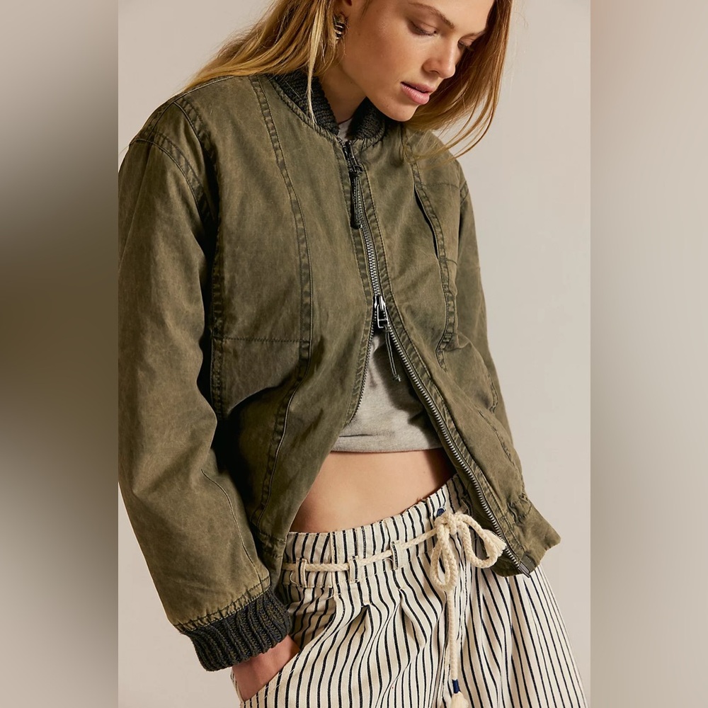 Free People We The Free Jax Washed Bomber in Olive - Picture 2 of 6